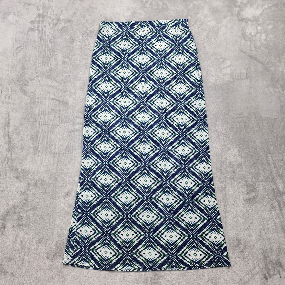 Olive + Oak Skirt Womens L Blue Geometric Print Maxi Knit Pull On Stretch Casual